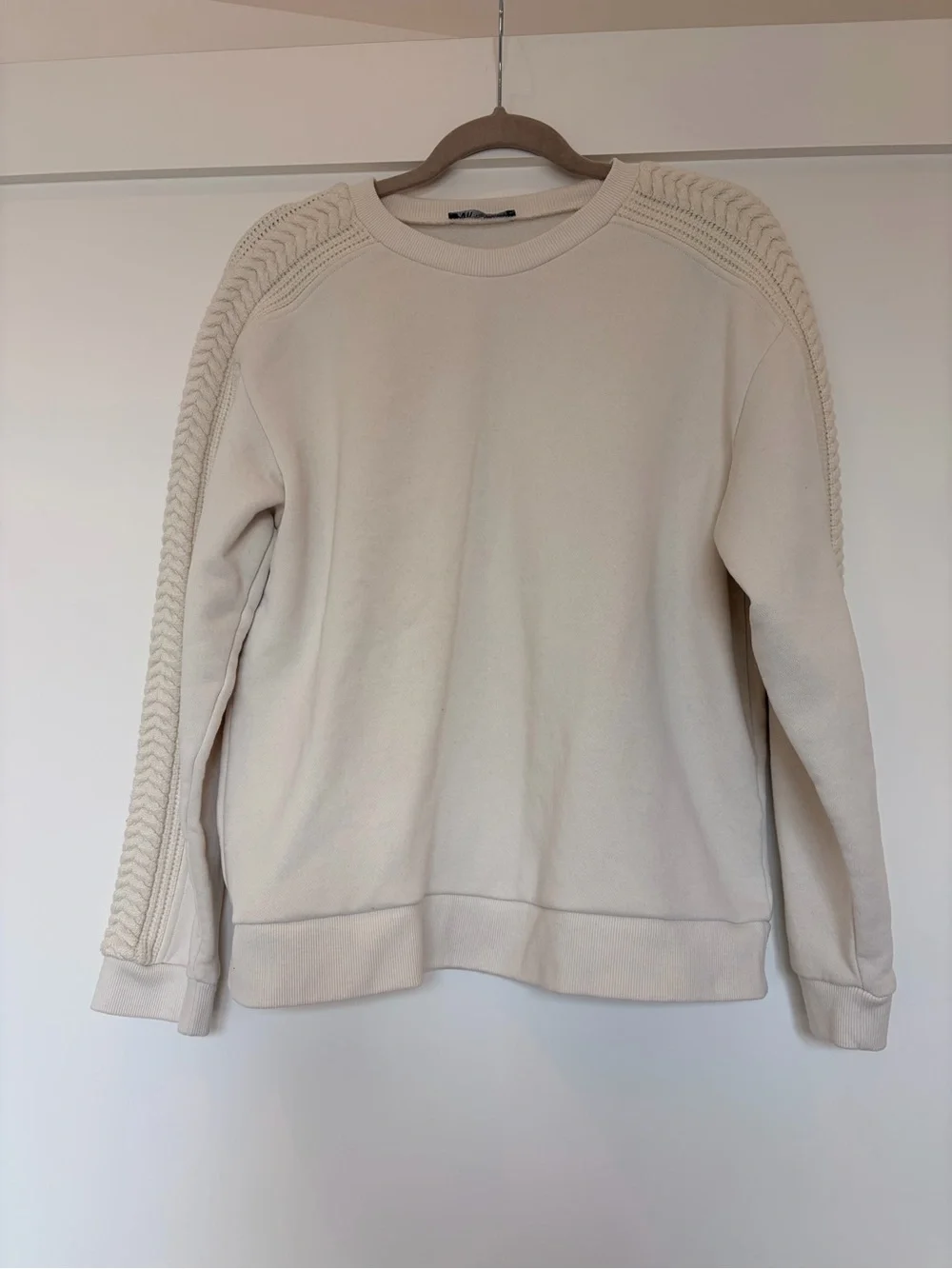 Zara Cream Crewneck Sweater with Braided Sleeve Detail